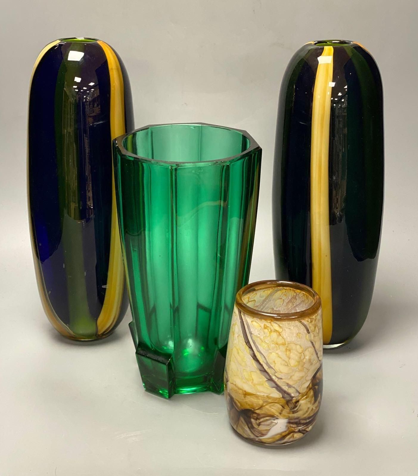 A pair of tall Art glass vases, 33cm, an angular green glass vase, 25cm and a Glory Art glass vase, 13cm